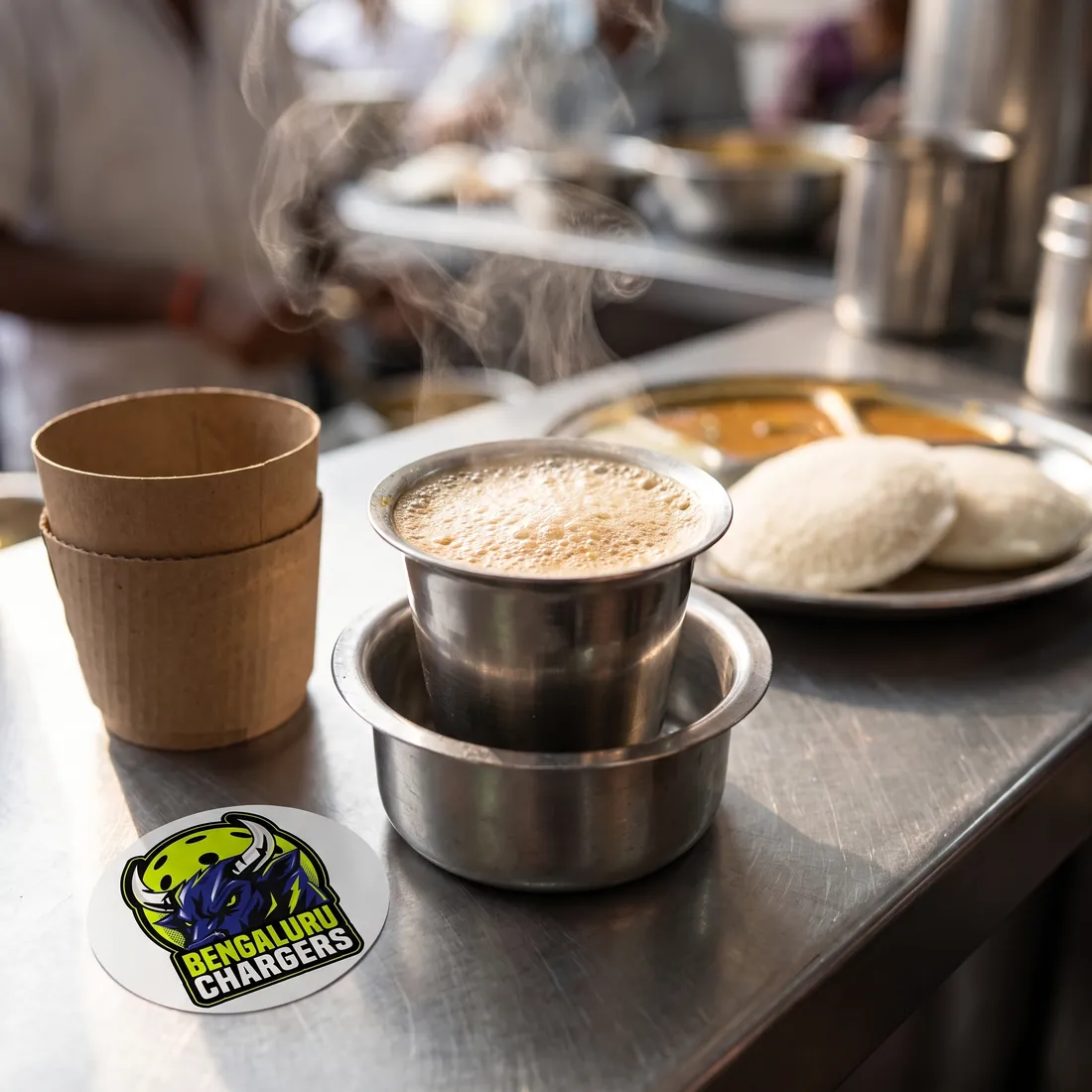 Filter coffee with a Chargers coaster
