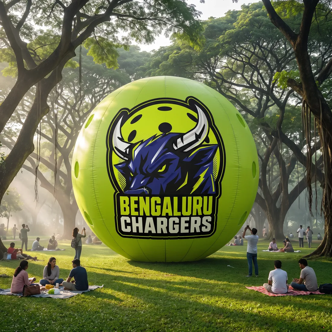 Giant inflatable pickleball in a park